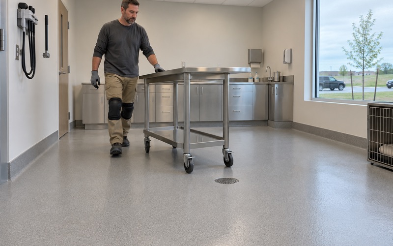 A stainless exam table rolled across a new coved epoxy floor in a Marion veterinary clinic treatment room.