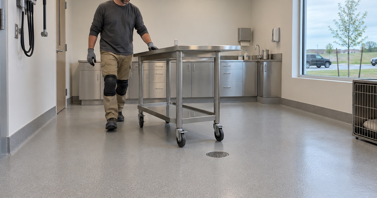 A stainless exam table rolled across a new coved epoxy floor in a Marion veterinary clinic treatment room.