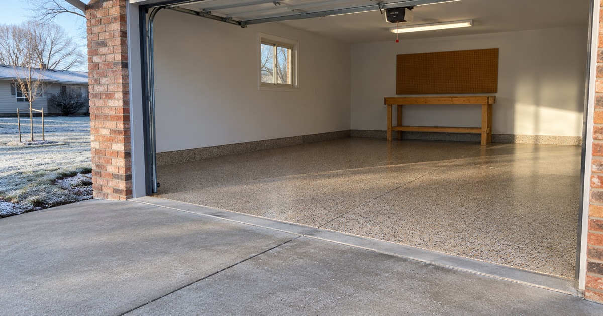 A finished tan and charcoal flake floor in the attached garage of a 1960s Marion ranch house on a clear winter morning.