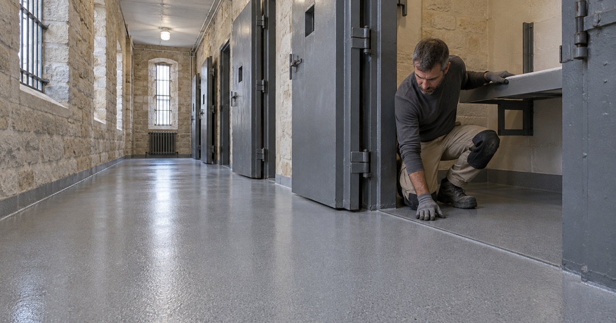 A bonded, finely textured gray coating on the floor of a renovated cell in an old limestone cell range in Anamosa, Iowa.