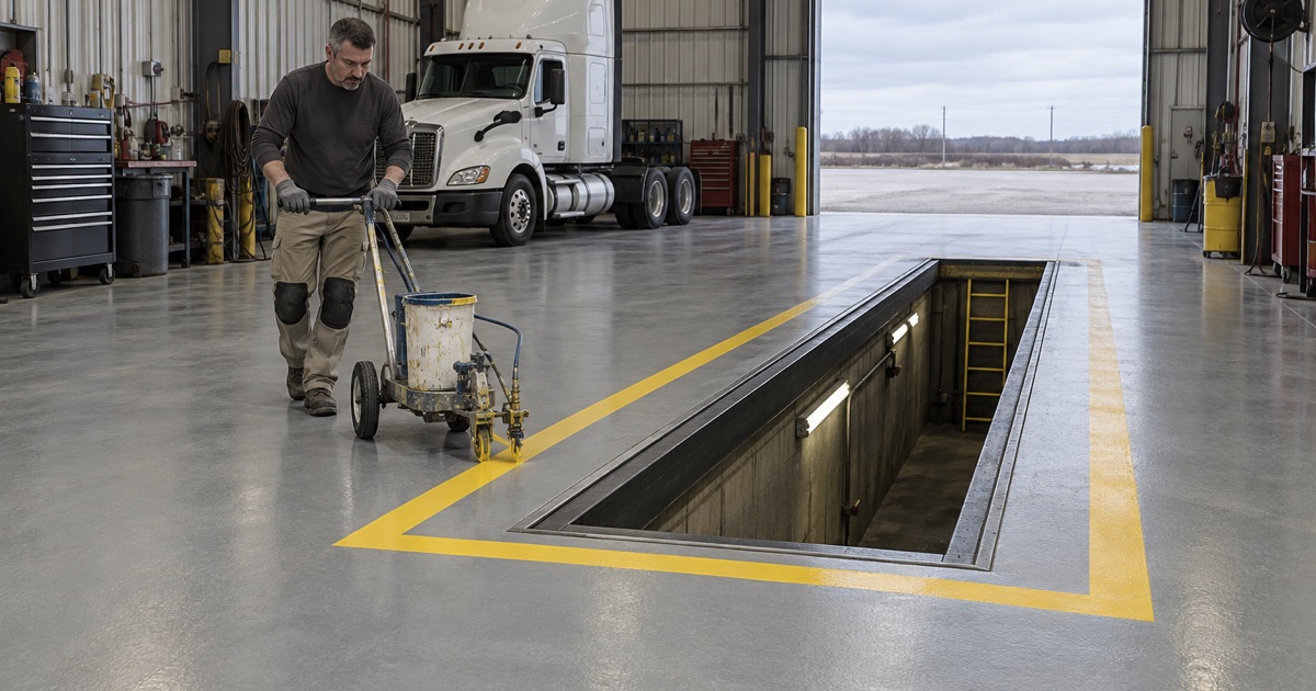 Safety yellow marking laid six feet out from a service pit on a gray coated floor in a Cedar Rapids truck shop.