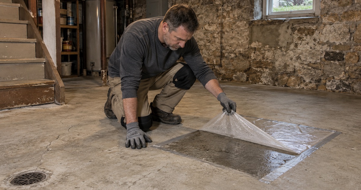 A plastic sheet peeled back after 24 hours on an old basement slab in Center Junction, showing darkened damp concrete beneath.