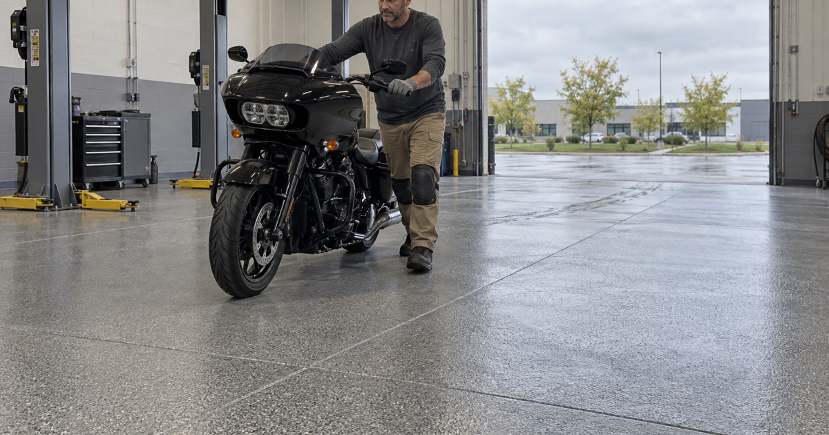 A motorcycle walked in on its own wheels across a textured gray service-lane floor at a Coralville dealership.