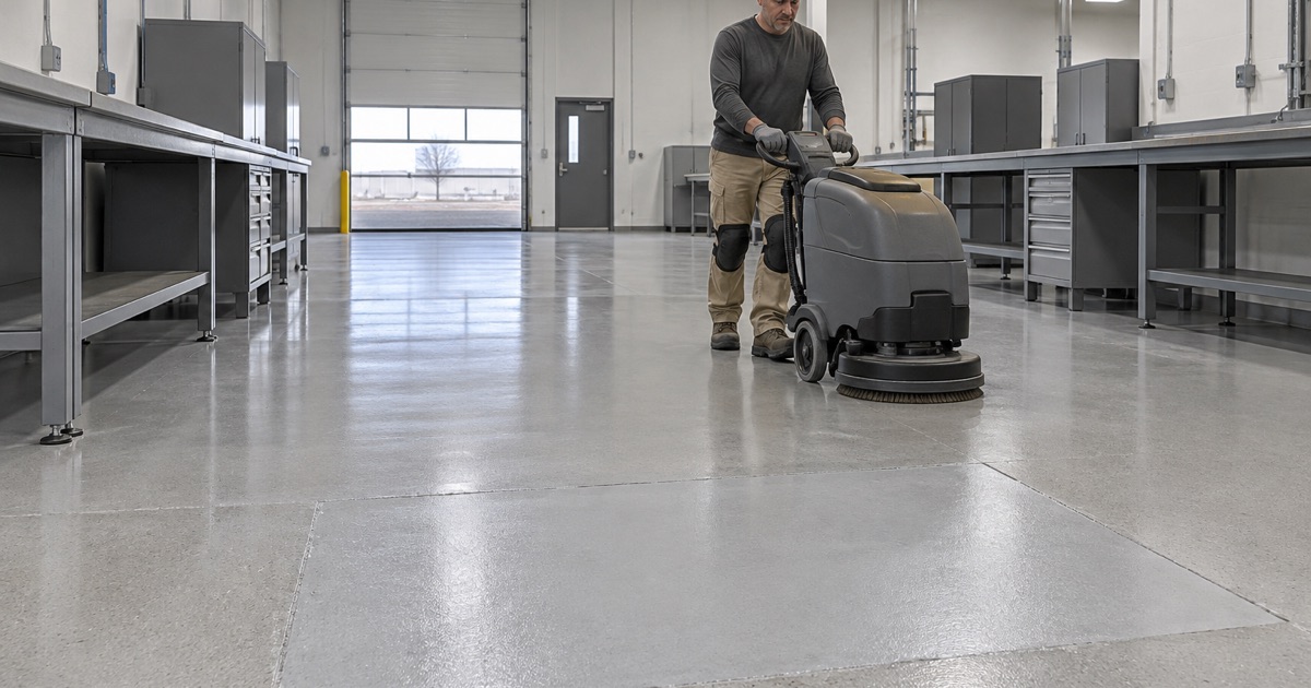 A floor scrubber run over an intact, freshly repaired gray epoxy floor in a controlled electronics build area in Hiawatha.