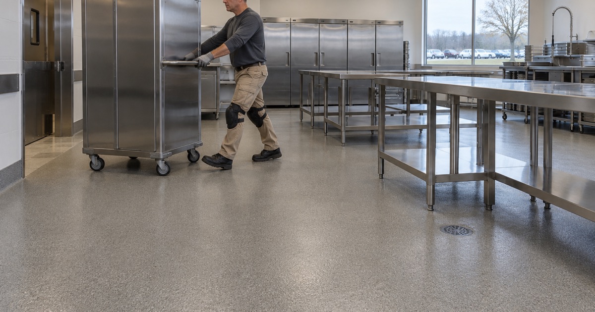 A tray delivery cart pushed across a heavy-duty epoxy mortar floor in a hospital tray assembly room in Iowa City.