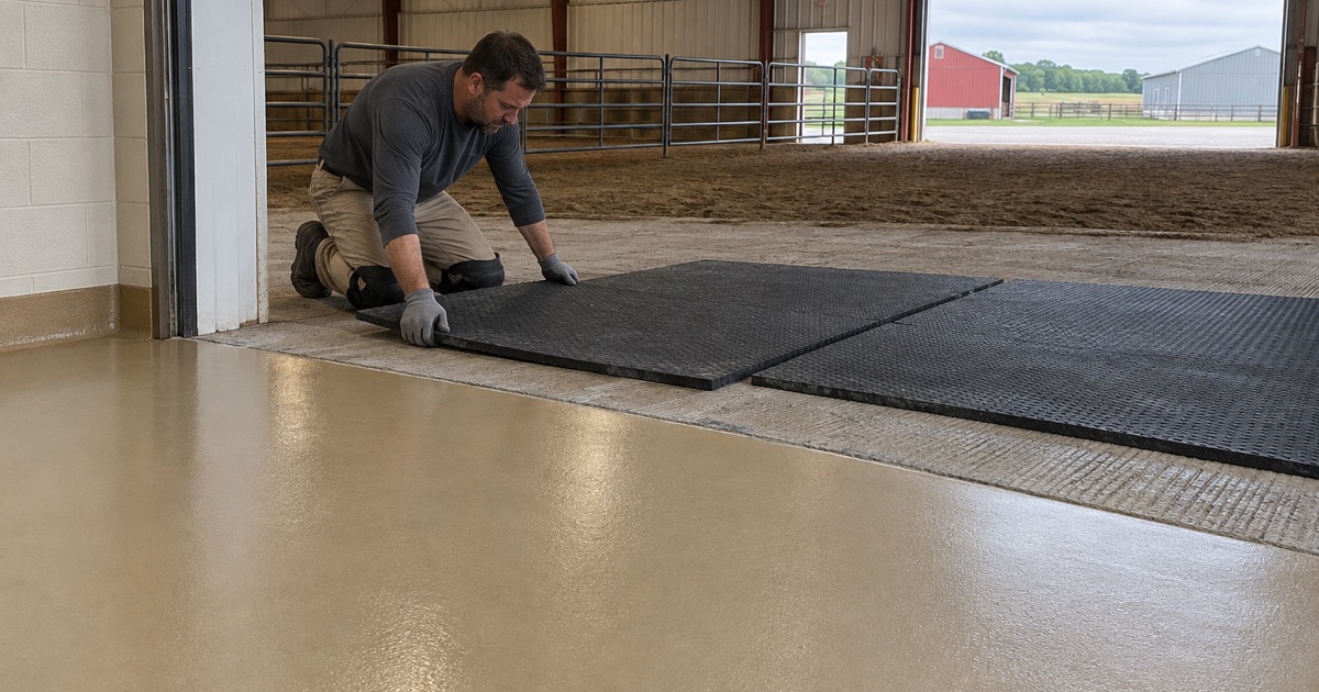 A textured rubber mat set on grooved concrete where the arena aisle meets a smooth coated lobby floor at the Monticello fairgrounds.