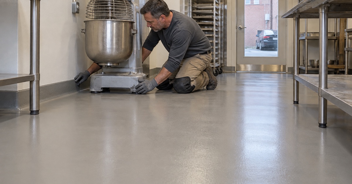 A coved epoxy floor going into the back kitchen of a small bakery in an uptown Mount Vernon storefront.