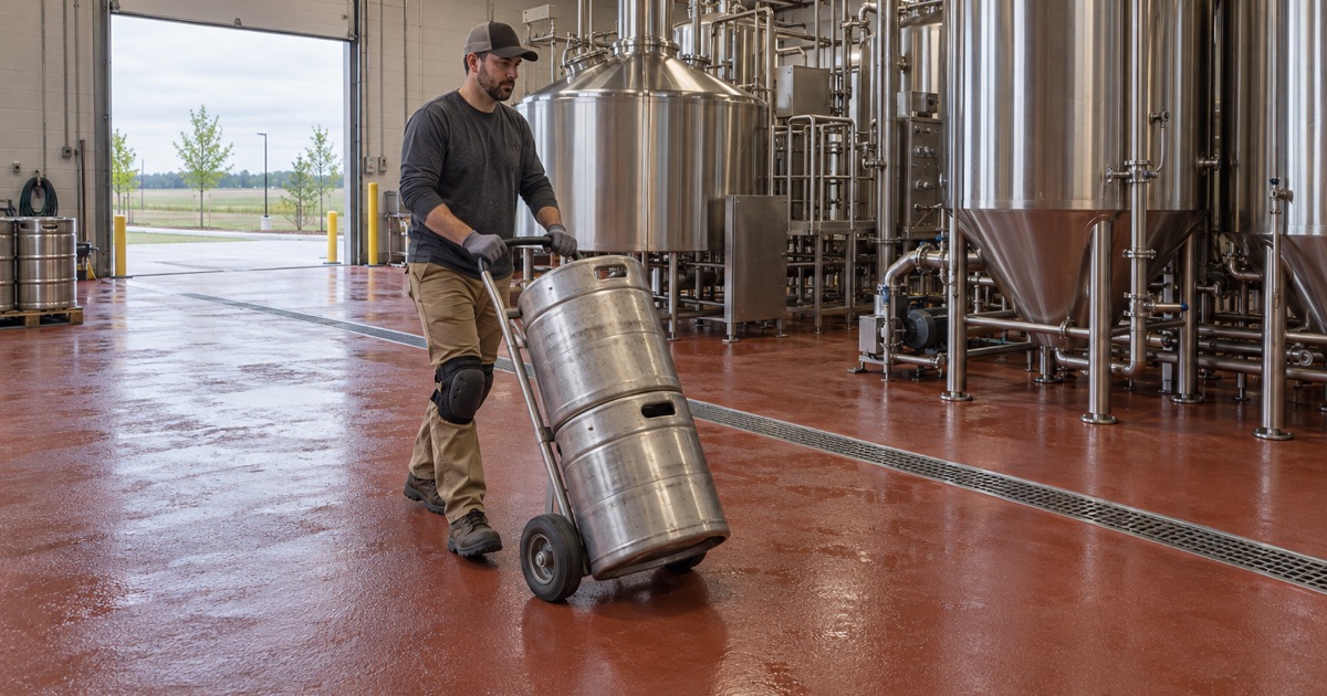 Kegs wheeled across a urethane cement floor under the stainless kettles of a North Liberty brewhouse.