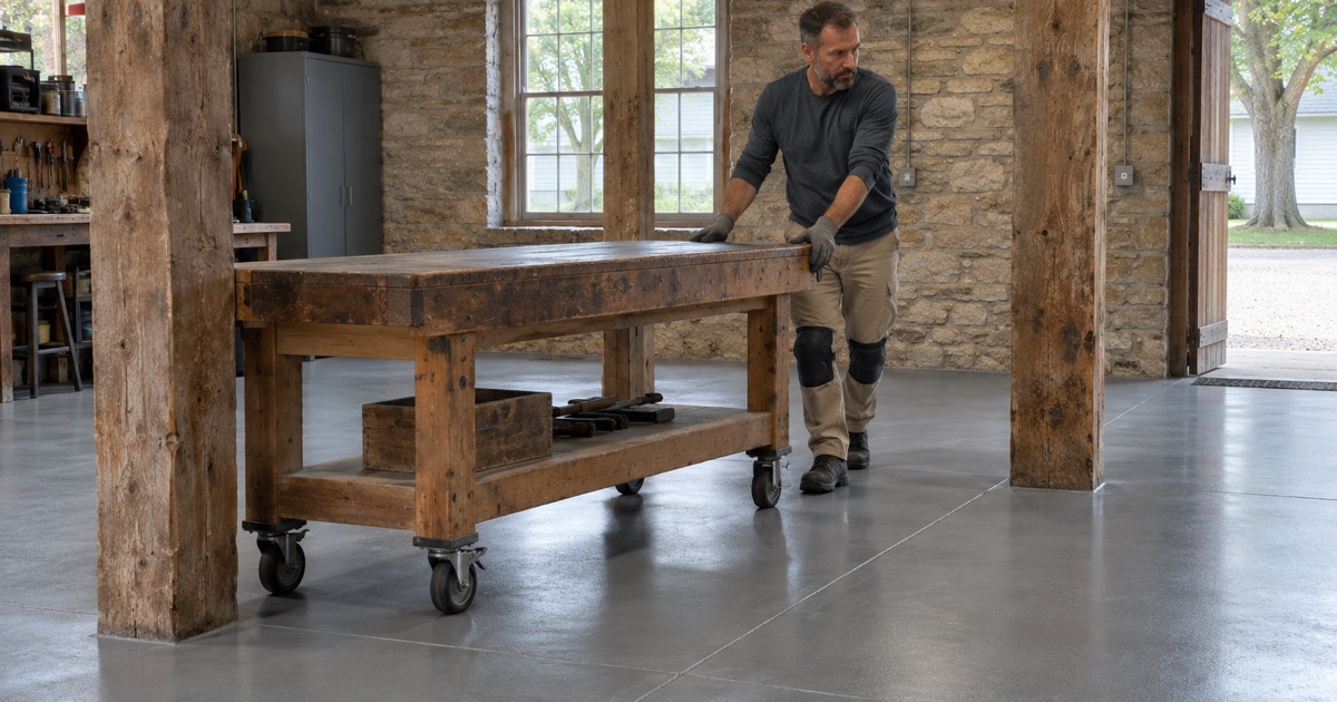 A smooth gray coated workshop floor in an old cut-stone building in the quarry village of Stone City, Iowa, easy to squeegee clean