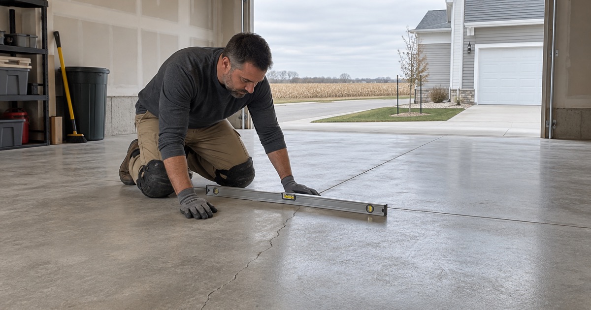 A level laid across a garage-slab crack to check for displacement in a new Tiffin twinhome before any coating goes down.