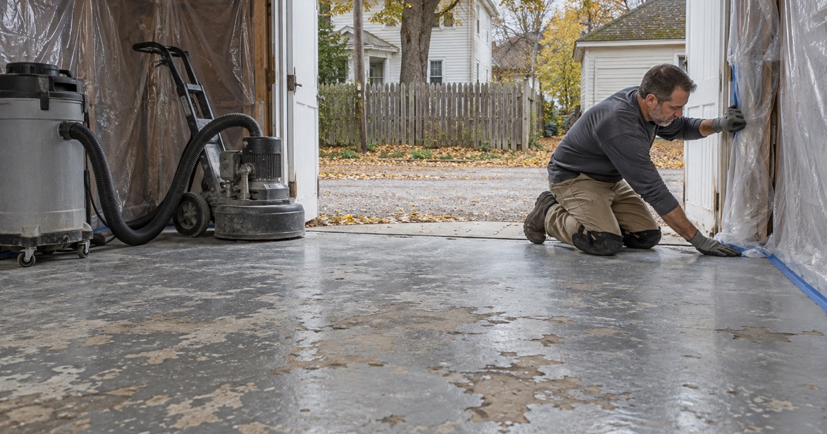 Plastic containment sealed around a painted garage floor in a Vinton historic district before it is ground under HEPA exhaust.