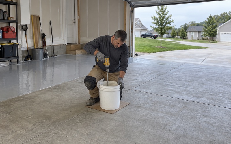 Two-part epoxy mixed in a pail on a ground garage slab in Marion, Iowa, the first coat already spread along the back wall.