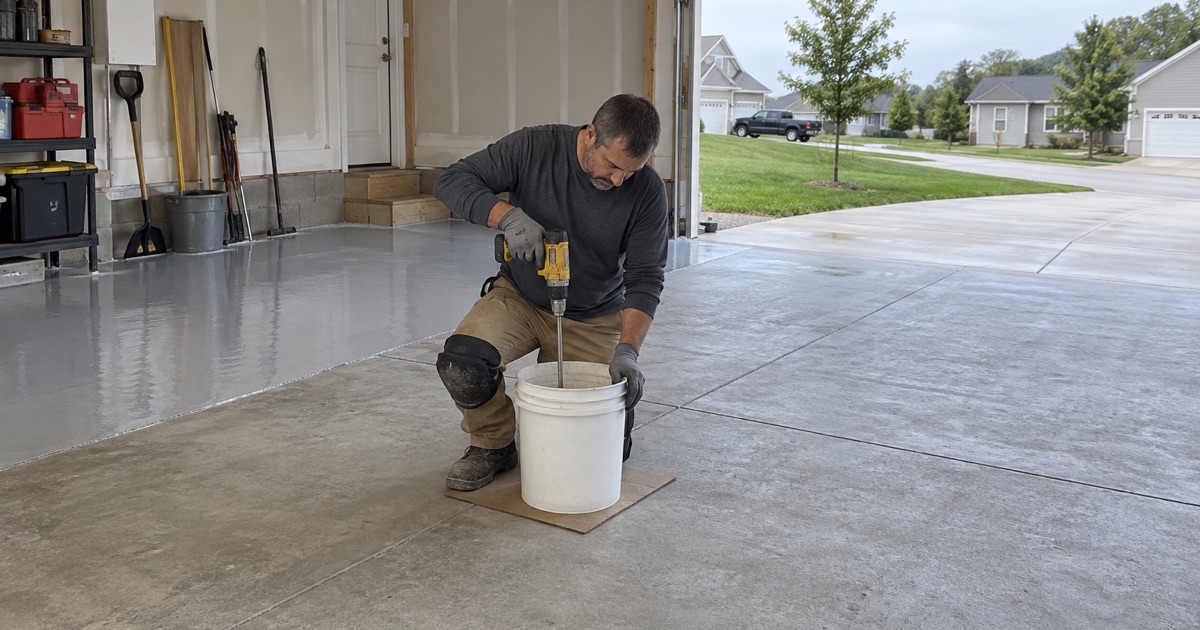Two-part epoxy mixed in a pail on a ground garage slab in Marion, Iowa, the first coat already spread along the back wall.