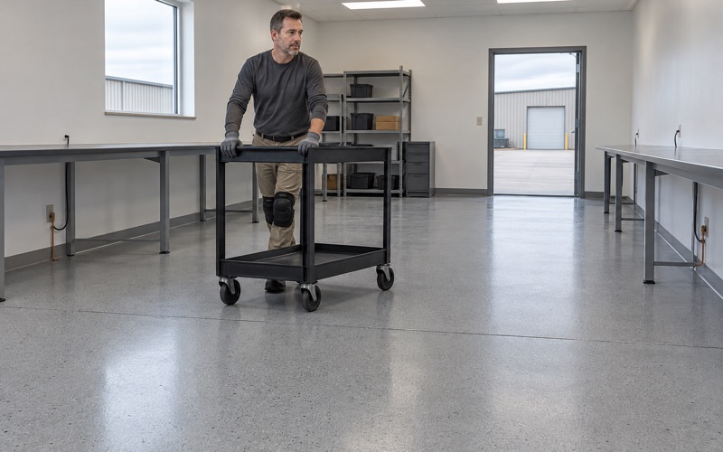 A conductive cart rolled across a finished static-dissipative epoxy floor in an electronics room in Marion, Iowa.