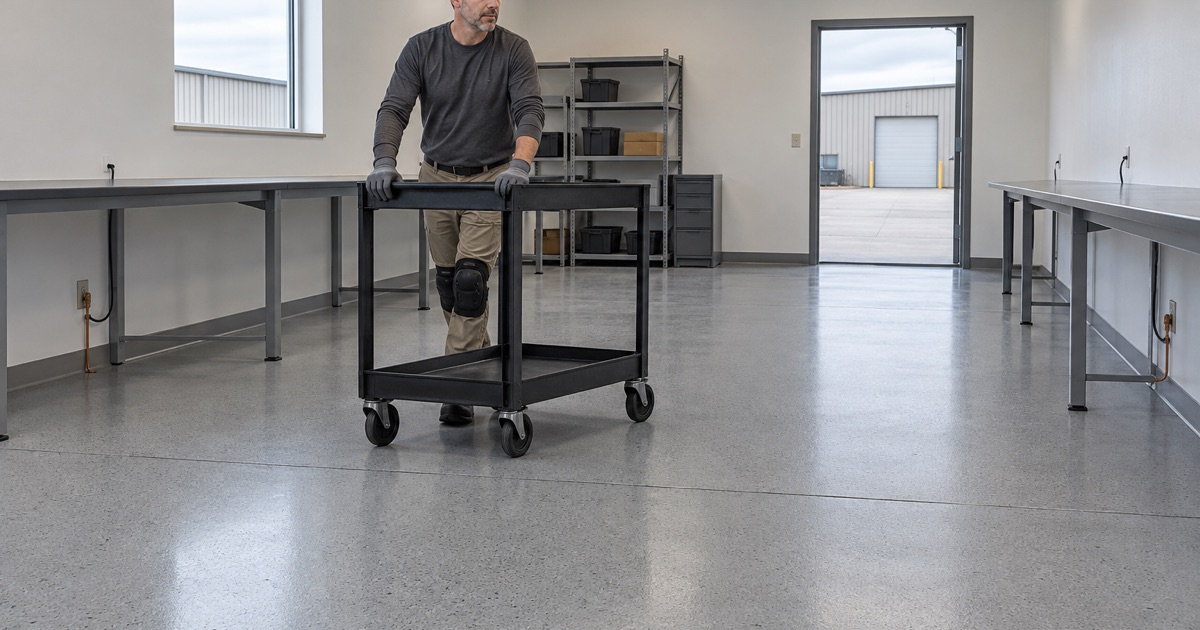 A conductive cart rolled across a finished static-dissipative epoxy floor in an electronics room in Marion, Iowa.