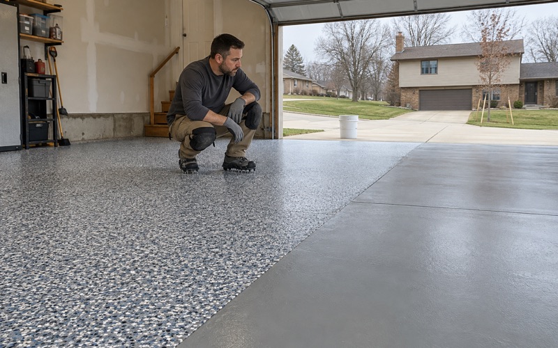 Dense gray, blue and white flake settled on the base coat in a Marion garage, the worker checking coverage at the working edge.