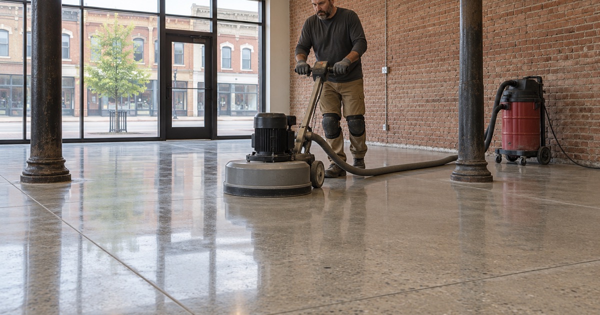 A planetary polisher bringing up the sheen on a concrete floor inside an old brick commercial building in Uptown Marion.
