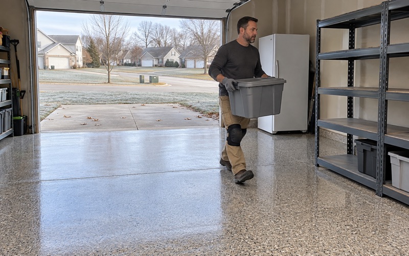 A storage tote carried back onto a same-day polyaspartic flake floor in a Marion garage on a cold November afternoon.