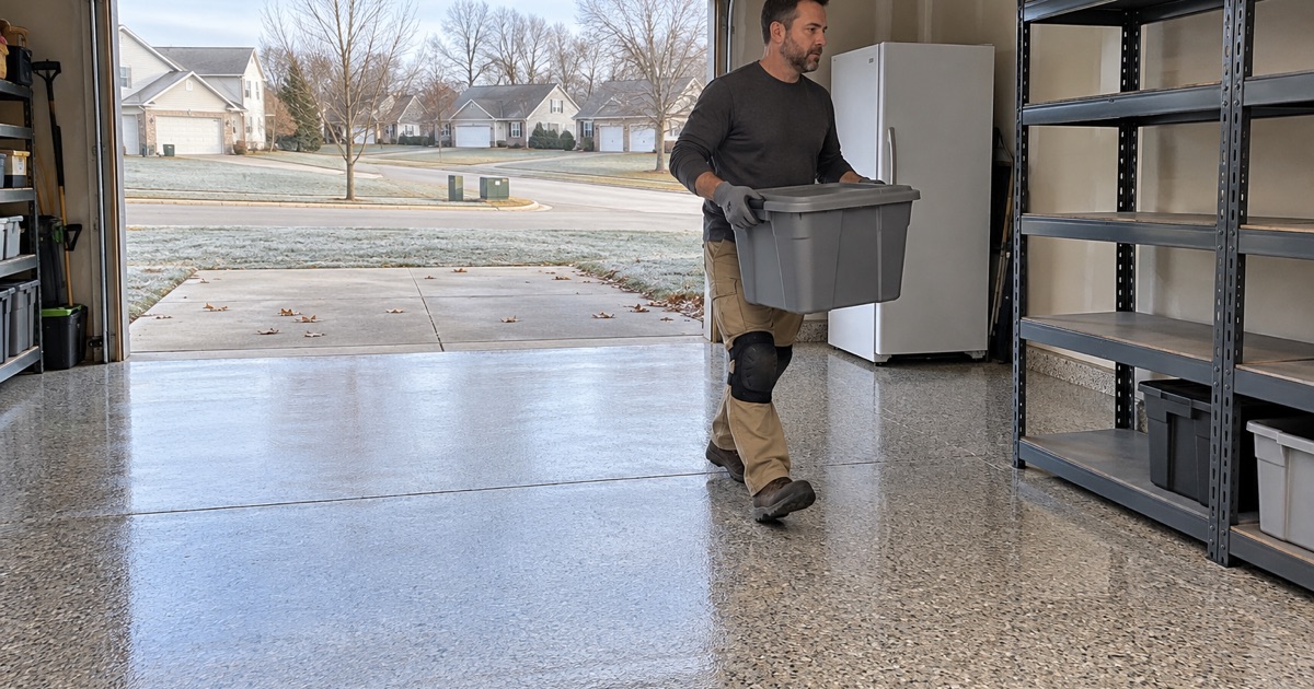 A storage tote carried back onto a same-day polyaspartic flake floor in a Marion garage on a cold November afternoon.